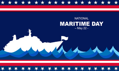 White silhouette of a maritime ship sailing on a sea of ​​big waves, with the American flag in the background. commemorating NATIONAL MARITIME DAY – May 22. Maritime concept and background