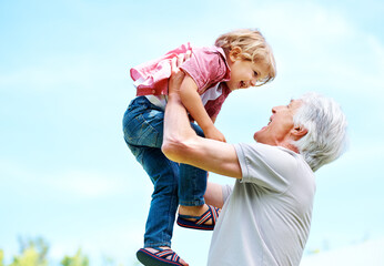 Happy, lifting and playful with grandfather and grandson for bonding, affectionate and free time. Happiness, fun and playing with old man and young boy for family, generations and carefree mockup