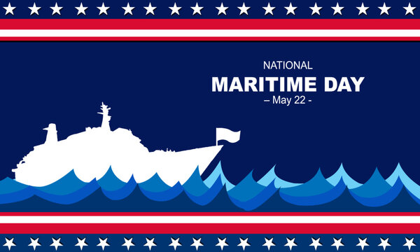 White silhouette of a maritime ship sailing on a sea of big waves, with the American flag in the background. commemorating NATIONAL MARITIME DAY – May 22. Maritime concept and background - Powered by Adobe