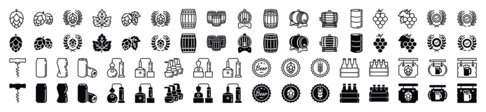 Beer icons vector set. Hop, grape, barrel, distillery, corkscrew, certified, signboard, rack and bottle cap, oil drum, factory, soda can, wheat wreath icon for apps and websites, symbol illustration