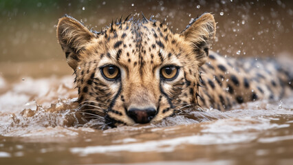 Cheetah wallpaper, 4k - cheetah wet in the water, majestic wild cat, cute, portrait, hd, generative ai