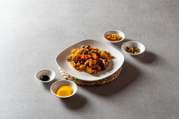 Sweet and sour pork Korean food dish meal Rice with Stir-fried Glass Noodles and Vegetables Stir-fried Seafood and Vegetables Spicy Seafood Noodle Soup