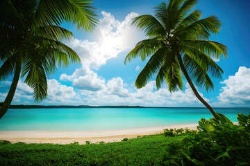 Obraz na płótnie Canvas Tropical view with palm trees and beautiful turquoise sea and beach with white sand, tropical vacation landscape. Generative Ai.