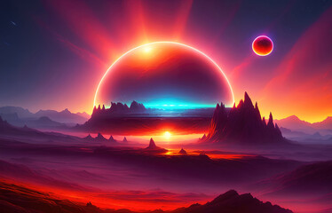 Fototapeta na wymiar Landscape of an alien planet, beautiful view of a fictional sci-fi background. Generative AI.