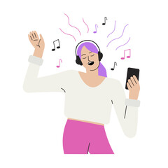 Headphone girl listens to music on smartphone.Flat hand-drawn cartoon character.Young woman is enjoying melody playlist online.Contented happy,cheerful female in good mood.Isolated.Vector illustration