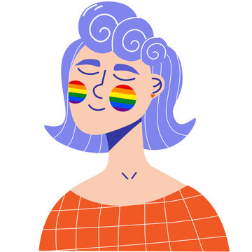 Female with purple hair and a rainbow flag on her cheeks. Pride month.Pride month celebration.