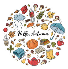 Autumn doodles. Hand drawn set of sketches. Isolated objects on white background. Set of cute stickers for daily planner