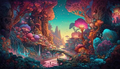 Fototapeta na wymiar Enchanted world, fantastic forest, fairy tale, fantastic wallpaper, detailed drawing, artwork. Generative Ai