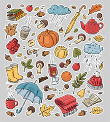 Autumn doodles. Hand drawn set of sketches. Isolated objects on white background. Set of cute stickers for daily planner