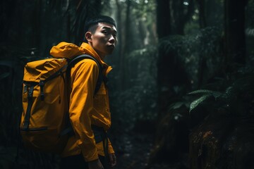 Young Asian man exploring the wild jungle rainforest. Generative AI