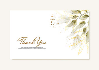 Thank you card with vector watercolor green leaves and golden branches. Vector template.
