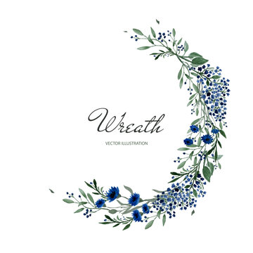 Wreath of watercolor summer blue flowers and green leaves. Vector illustration for wedding invitations, business cards, postcards