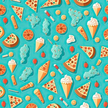Seamless pattern with ice cream and pizza on a blue background Created using generative AI tools