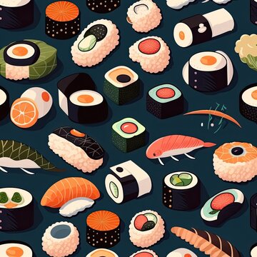 A drawing of sushi and other food Pattern Background Created using generative AI tools