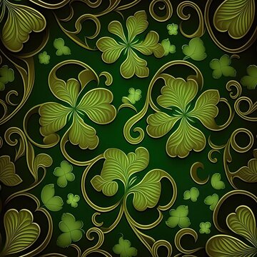 Green Pattern background with four clovers on it Created using generative AI tools