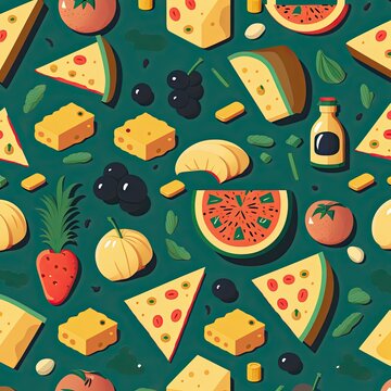 A pattern of different foods including cheese, olives, and other foods Created using generative AI tools