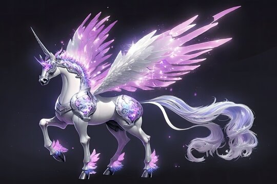 A white unicorn horse on a black background Created using generative AI tools