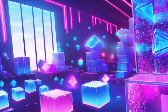 A neon room with a 3d shaped box created using generative AI