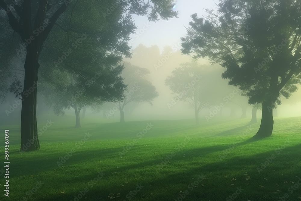 Poster a forest in the front, with a green meadow and mist in the backdrop generative ai