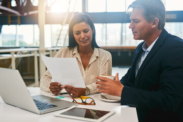 Working hard to meet their business targets. two businesspeople going through paperwork in an office.