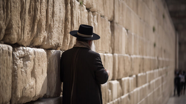 Elderly Jewish Man Praying at the Western Wall in Traditional Black Attire . Generative AI