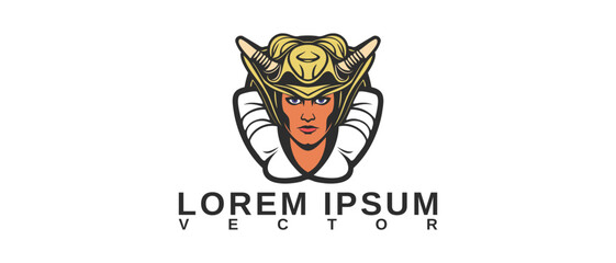 Vector portrait of a metrosexual in a strange headdress with horns and a light frill. Inscription, lorem ipsum. White isolated background.