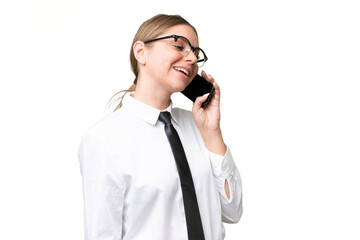 Young business caucasian woman over isolated background keeping a conversation with the mobile phone