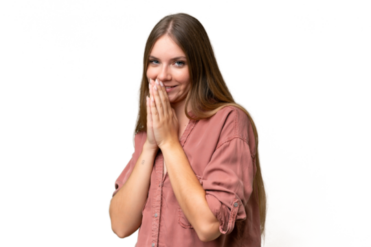 Young beautiful blonde woman over isolated background keeps palm together. Person asks for something