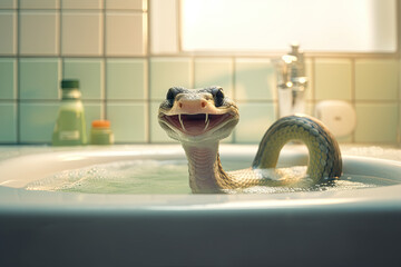 happy snake in bathtub created with Generative AI technology