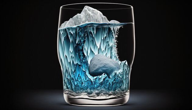 ceberg melting in water glass