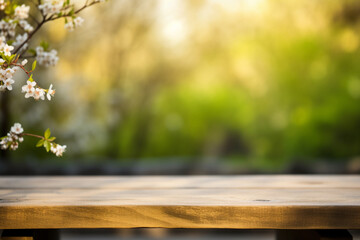 Naklejka na ściany i meble Empty wooden table with spring flowers and butterflies and sunny garden background with ai generated