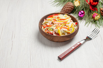 front view tasty chicken salad with mayyonaise and sliced vegetables on white desk fresh salad meat meal snack