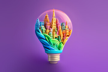 renewable energy and green eco city concept, a paper light bulb, colorful wood carving sculpture, generative ai - obrazy, fototapety, plakaty