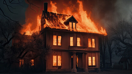 house on fire, burning house created with Generative AI technology