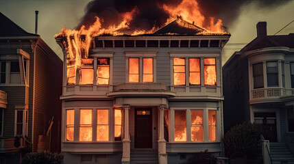 house on fire, burning house created with Generative AI technology