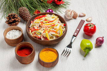 front view tasty chicken salad with seasonings on white desk meat fresh meal snack salad