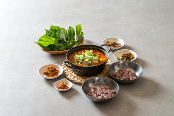 Fototapeta na wymiar Korean food dish meal kimchi soup soy bean paste soup Grilled Pork Belly Spicy Mixed Noodles Spicy jjolmyeon cold bean-soup noodles