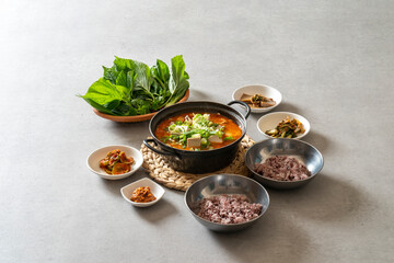 Korean food dish meal kimchi soup soy bean paste soup Grilled Pork Belly Spicy Mixed Noodles Spicy jjolmyeon cold bean-soup noodles