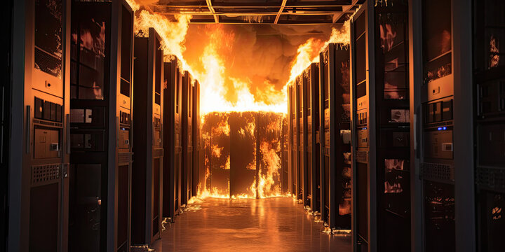 Burning data server room created with Generative AI technology