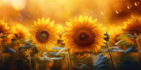 Sunflowers in the field of sunflowers, blurred background, copy space. Sunflower wallpaper. Generative ai illustration