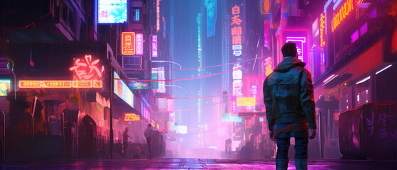 a person stands in a cyberpunk city street surrounded by the neon glow of signs, generative ai