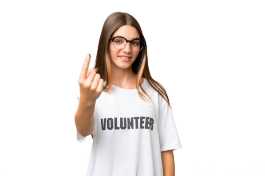 Teenager volunteer caucasian girl over isolated background doing coming gesture