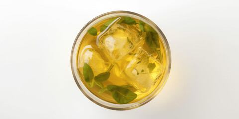 top view of iced tea with ice cube isolated on white created with Generative AI technology