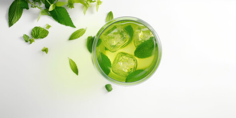 top view of iced tea with ice cube isolated on white created with Generative AI technology