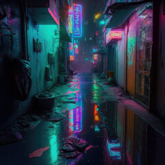 neon lights reflect off the surface of a dirty wet cyberpunk laneway, generative ai