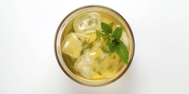 top view of iced tea with ice cube isolated on white created with Generative AI technology