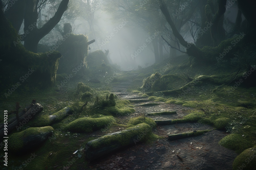 Poster a trail that winds through the center of a forest and has moss growing on the surface generative ai