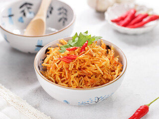 Kentang mustofa, sambal kering kentang or Indonesian cruncy, sweet and spicy potato sticks. It is a side dishes for Opor Ayam (Chicken Curry) and Ketupat or Rice cakes.