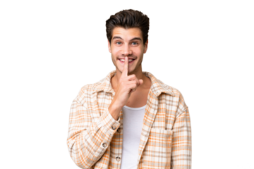 Young handsome caucasian man over isolated background showing a sign of silence gesture putting finger in mouth
