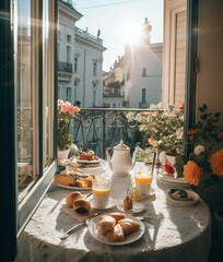 Luxury breakfast on balcony, with a beautiful city landscape in the background. Generative Ai
